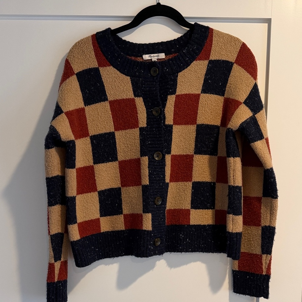 Checkered Knit Sweater - Red, Navy, and Tan